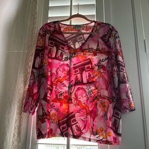 Peter Nygard Pink Printed V-Neck Blouse